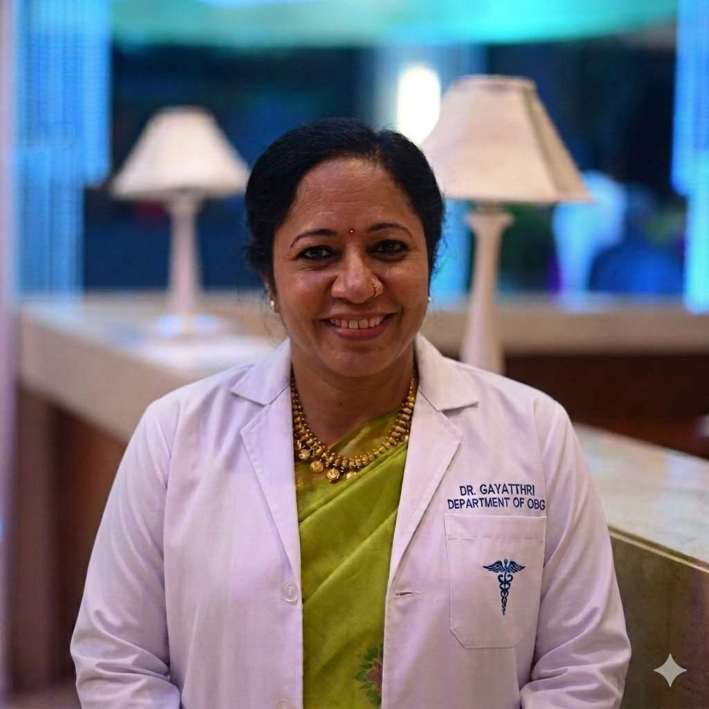 Dr. Gayatthri Sri Sri in a white coat marked Department of OBG